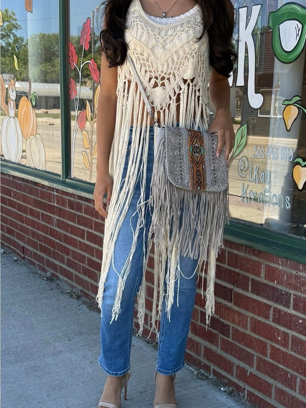 Taupe Fringe crochet top long fringe